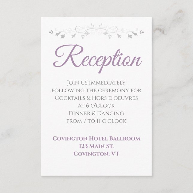 Lavender Purple and Gray Wedding Reception Enclosure Card (Front)