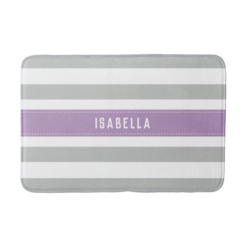 Lavender Purple and Gray Wide Stripes Pattern Name Bath Mat