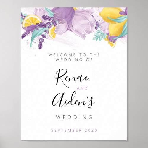 Lavender purple and lemon wedding welcome sign