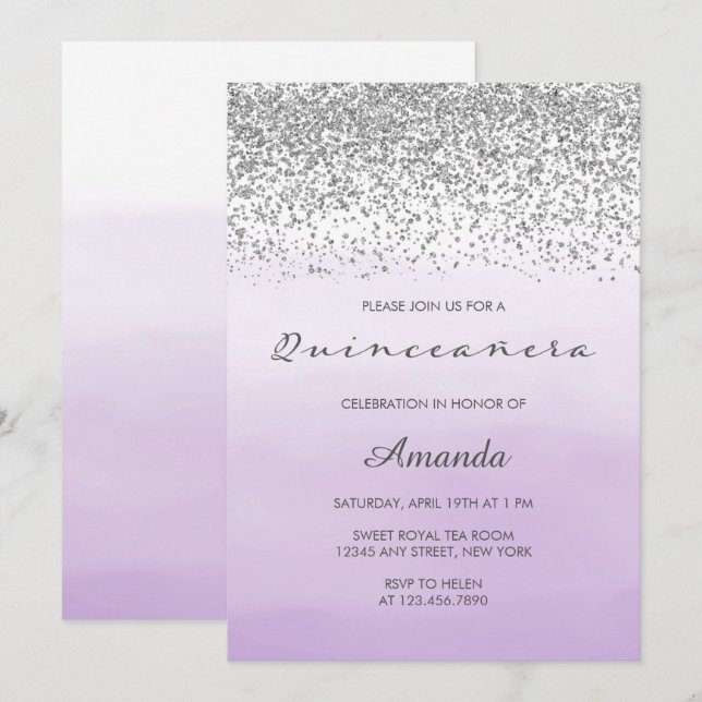 Lavender Purple and Silver Sweet 15 Quinceañera Invitation (Front/Back)