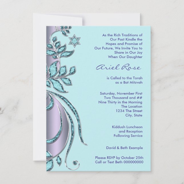 Lavender Purple and Teal Blue Bat Mitzvah Invitation (Front)