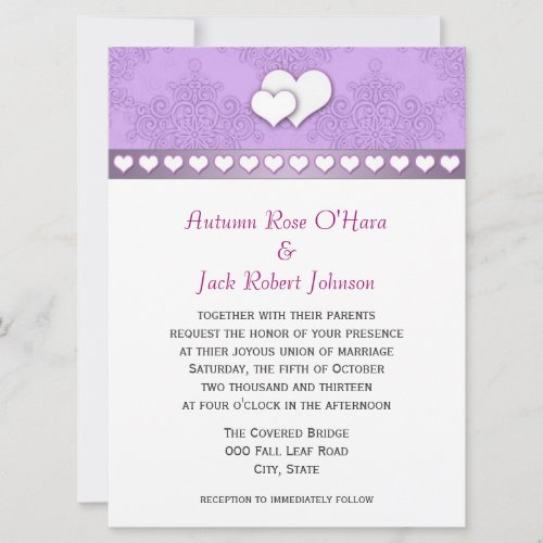 Lavender Purple and White Damask with Hearts Announcements