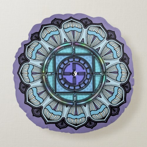 Lavender Purple Aqua Blue Mandala Vintage Boho Round Pillow