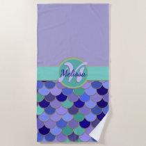 Lavender Purple &amp; Aqua Mermaid | Monogram Name Beach Towel