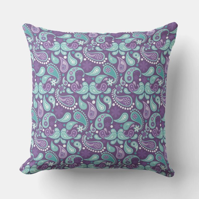 Lavender, Purple, Aqua Mix, Match Floral Paisley Outdoor Pillow (Front)