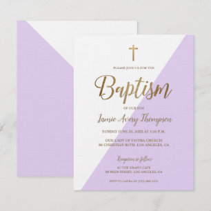 Lavender Purple Baby Girl Gold Modern Baptism Invi Invitation