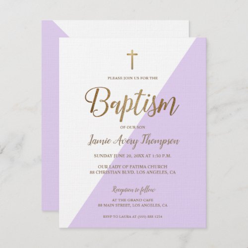 Lavender Purple Baby Girl Gold Modern Baptism Invi Invitation