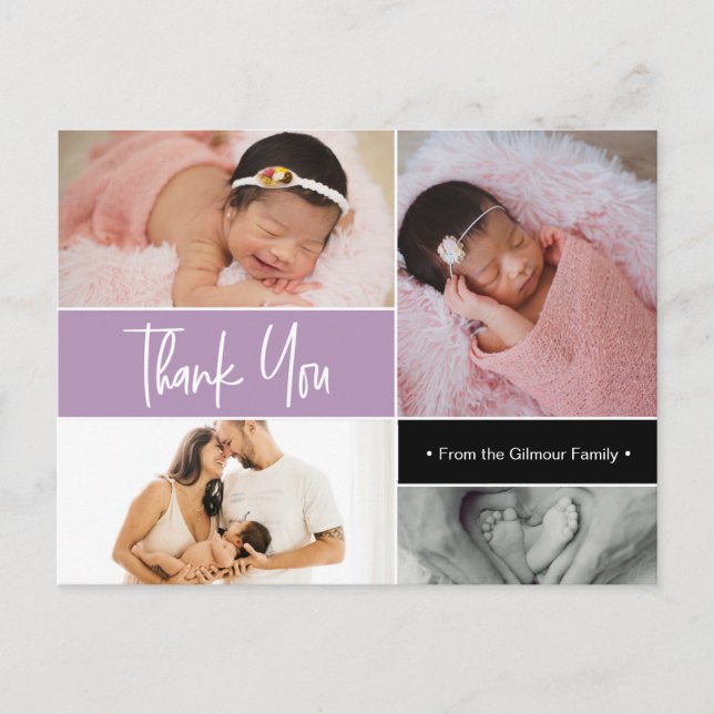 Lavender Purple Baby Girl Photo collage Birth  Postcard (Front)