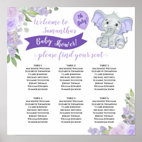 Lavender Purple Baby Shower 6 Table Seating Chart