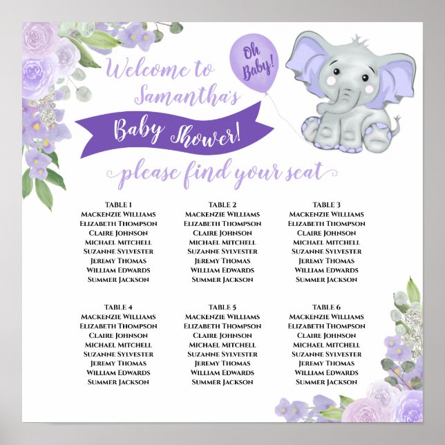 Lavender Purple Baby Shower 6 Table Seating Chart (Front)