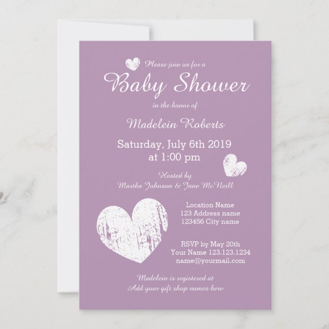 Lavender purple baby shower invitations for girl (Front)