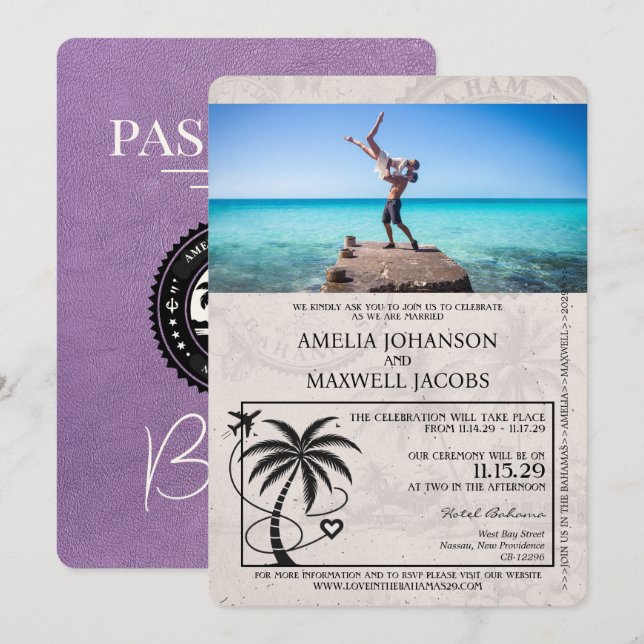Lavender Purple Bahamas Passport Wedding Invitation (Front/Back)