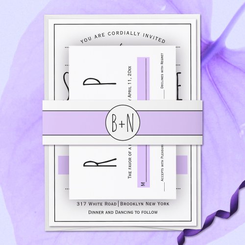 Lavender purple band and initials wedding invitation belly band