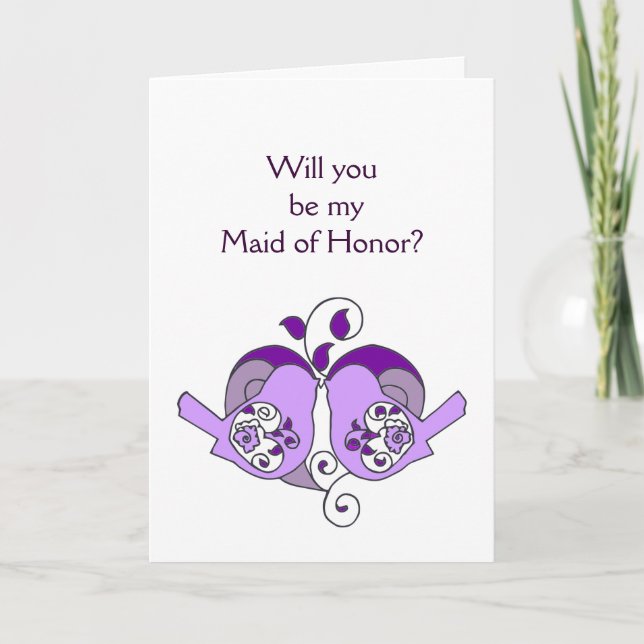 Lavender Purple  Bird Floral Heart Maid of Honor Invitation (Front)