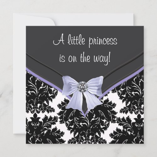 Lavender Purple Black Damask Bow Baby Shower Invitation