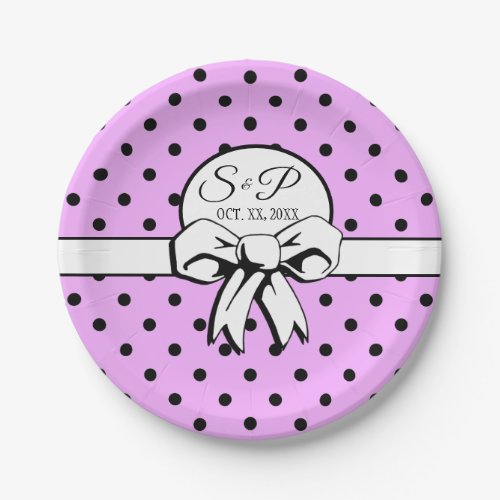 Lavender Purple Black Dots White Bow Personalized Paper Plates