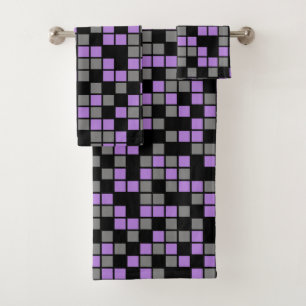 Lavender Purple, Black, Gray Random Mosaic Squares Bath Towel Set