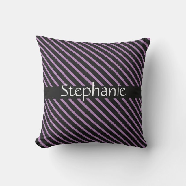 Lavender Purple Black White Custom Name Stripes Outdoor Pillow (Front)