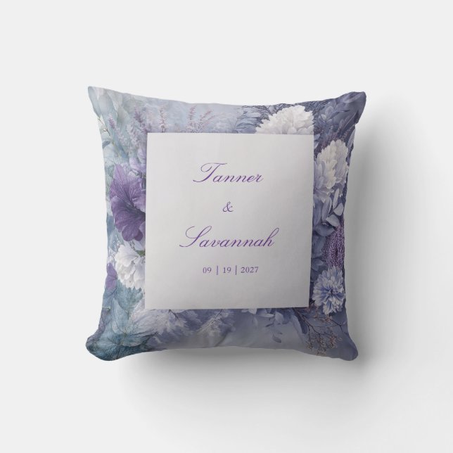 Lavender Purple Blue Floral Frosted Monochrome Throw Pillow (Front)