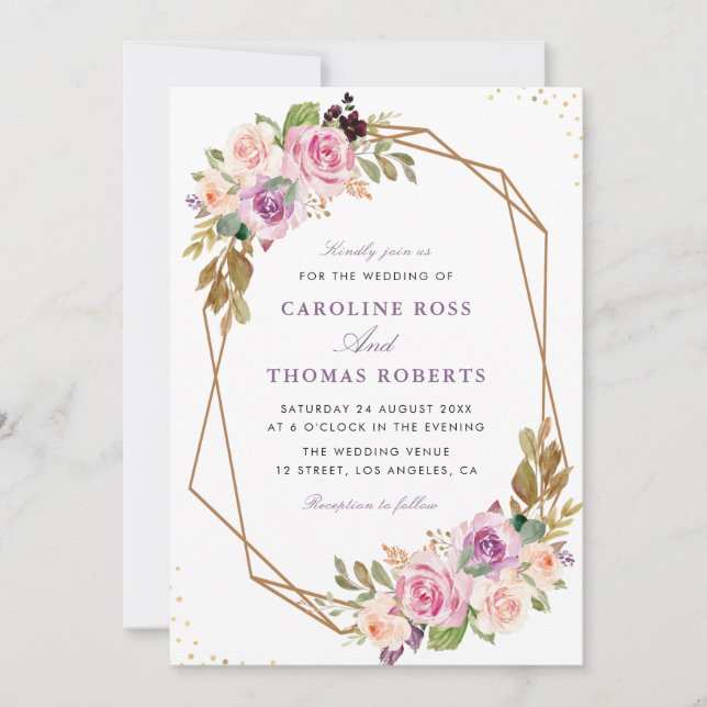 lavender purple & blush floral geometric wedding invitation (Front)