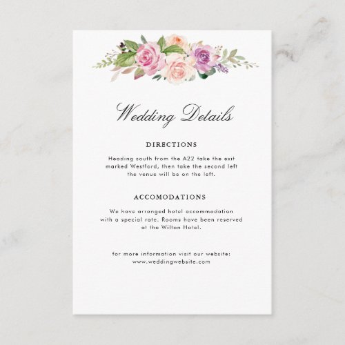 Lavender purple  blush floral wedding details enclosure card