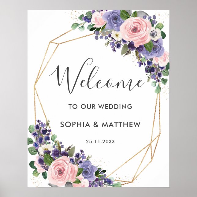Lavender Purple Blush Pink Floral Wedding Welcome Poster (Front)
