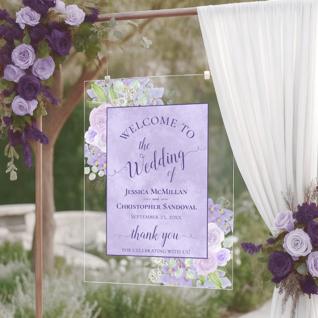 Lavender Purple Boho Chic Floral Wedding Welcome Acrylic Sign (Creator Uploaded)