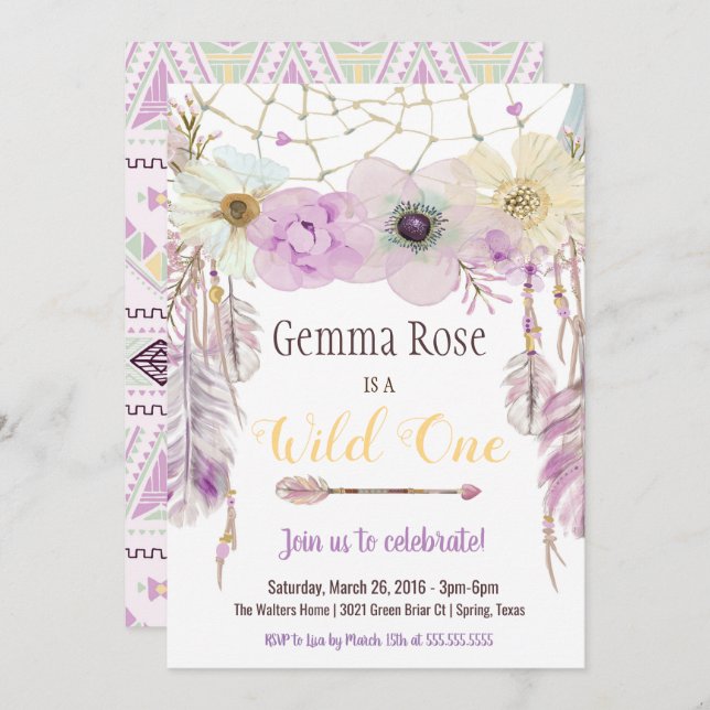 Lavender & Purple Boho Wild One First Birthday Invitation (Front/Back)