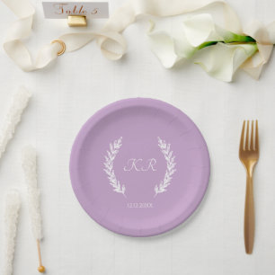 Lavender Purple Botanical Floral Monogram Wedding Paper Plates