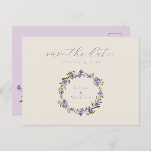 Lavender Purple Botanical Wreath Save the Date Postcard