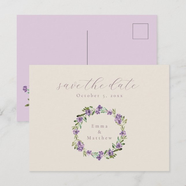Lavender Purple Botanical Wreath Save the Date Postcard (Front/Back)