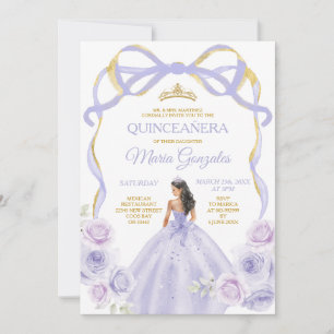 Lavender Purple Bow Princess Gold Quinceañera Invitation