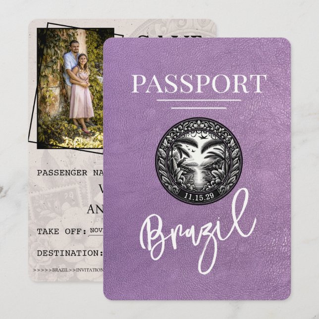Lavender Purple Brazil Passport Save The Date (Front/Back)