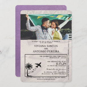 Lavender Purple Brazil Passport Wedding Invitation