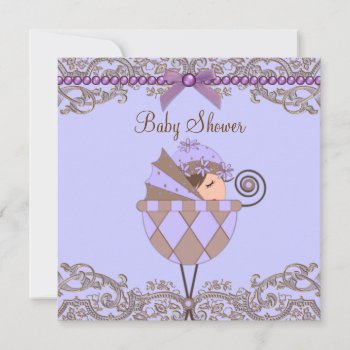 Lavender Purple Brown Lace Girl Baby Shower Invitation by BabyCentral at Zazzle