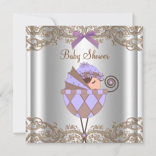 Lavender Purple Brown Lace Girl Baby Shower Custom Invites