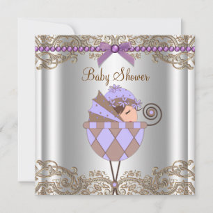 Lavender Purple Brown Lace Girl Baby Shower Invitation