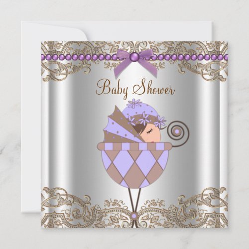 Lavender Purple Brown Lace Girl Baby Shower Personalized Invite