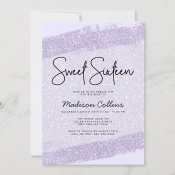 Lavender Purple Brush Glitter Sweet 16 Invitation by printcreekstudio at Zazzle