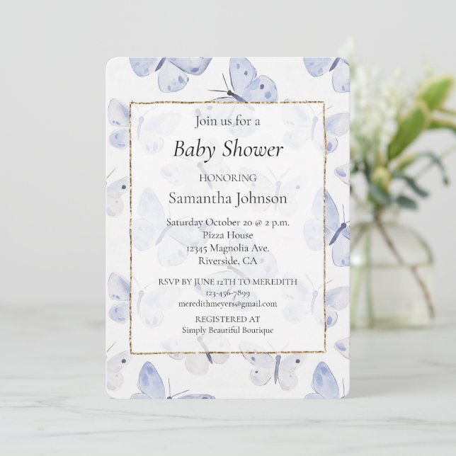Lavender Purple Butterflies Baby Shower Invitation (Standing Front)