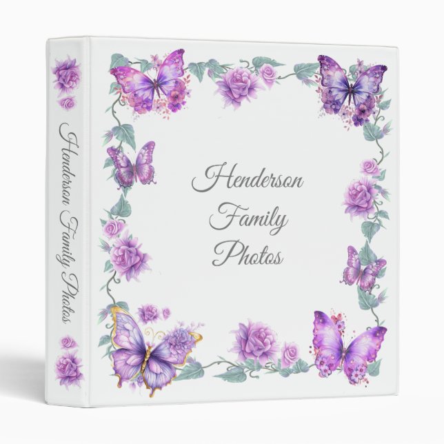 Lavender Purple Butterflies Family Photo Album 3 Ring Binder (Front/Spine)