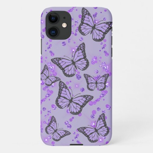 lavender purple butterflies on simulated glitter iPhone 11 case