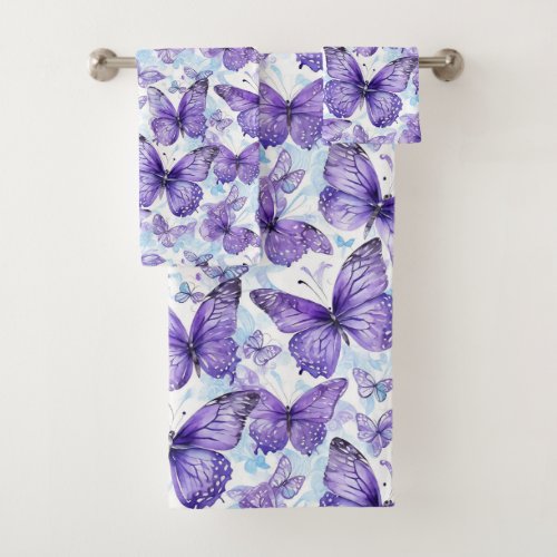 Lavender Purple Butterfly Pattern Bath Towel Set