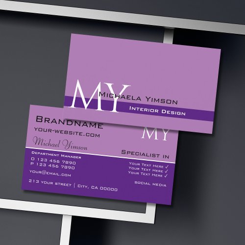 Lavender Purple Classic with Initials Professional Business Card