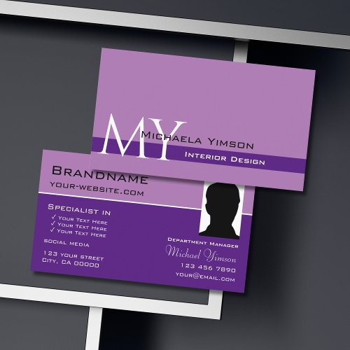 Lavender Purple Classic with Monogram and Photo Business Card