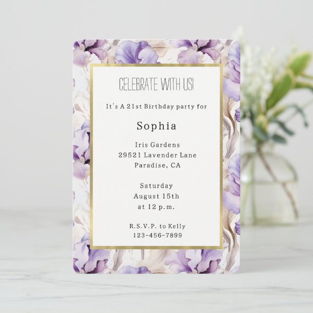 Lavender Purple Cream Iris Flowers Birthday Invitation (Standing Front)