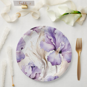 Lavender Purple Cream Iris Flowers Bridal Shower Paper Plates