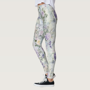 Lavender Purple Cream Romantic Floral Leggings