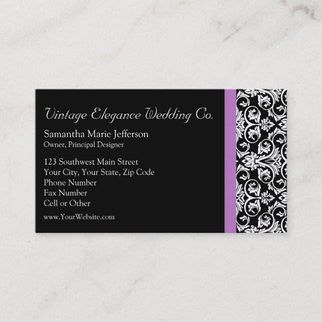 Lavender Purple Damask Black/White Business Card (Front)