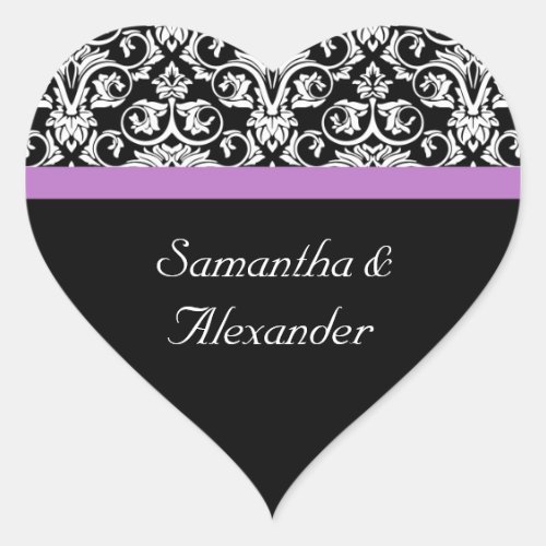 Lavender Purple Damask BlackWhite Heart Sticker